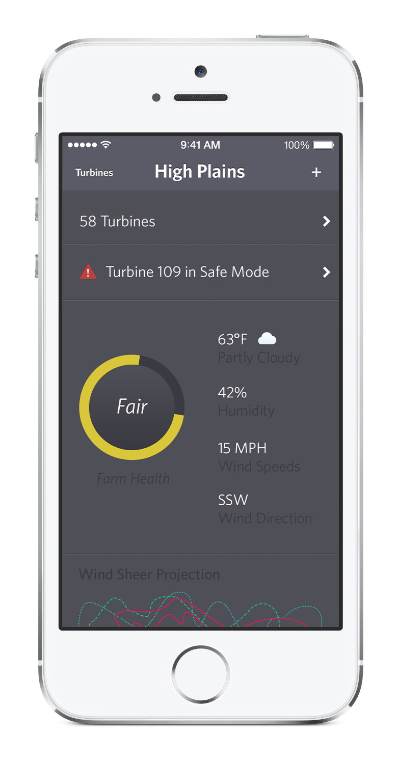 iPhone 5s portrait displaying a view of a fictional iOS app. The view displays that the overall health of the farm is fair.