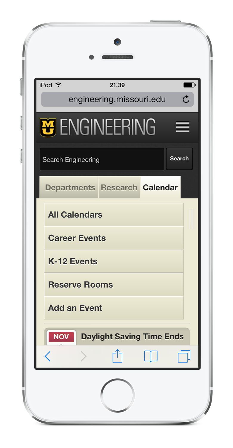 iPhone 5 in portrait orientation displaying the Engineering site in Safari, specifically the category overlay and list function.
