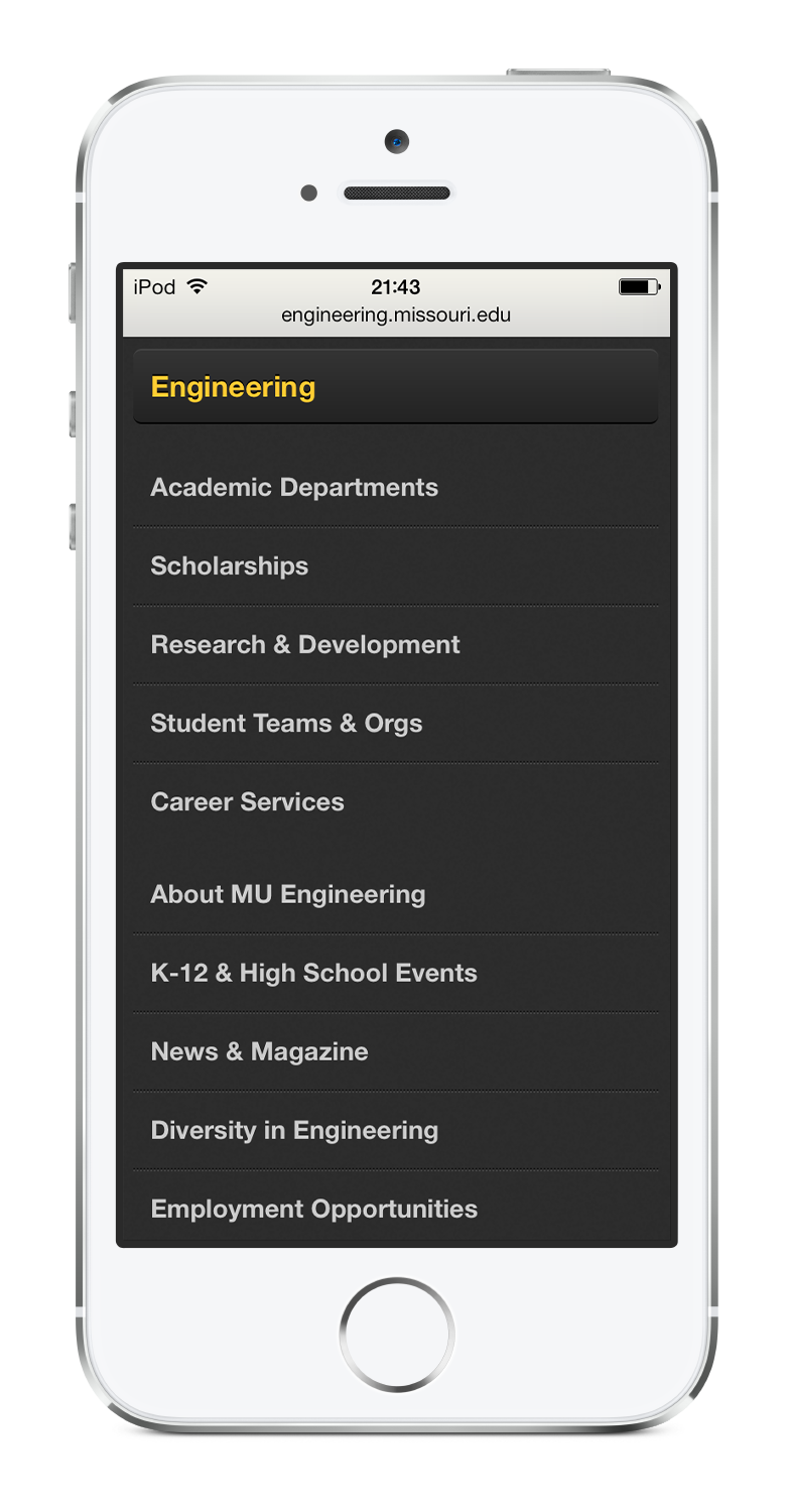 iPhone 5 in portrait orientation displaying the Engineering site in Safari, specifically the home page slider.