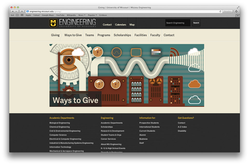 Screenshot of site homepage in Safari browser. The site features a large slider image and is titled ways to give
